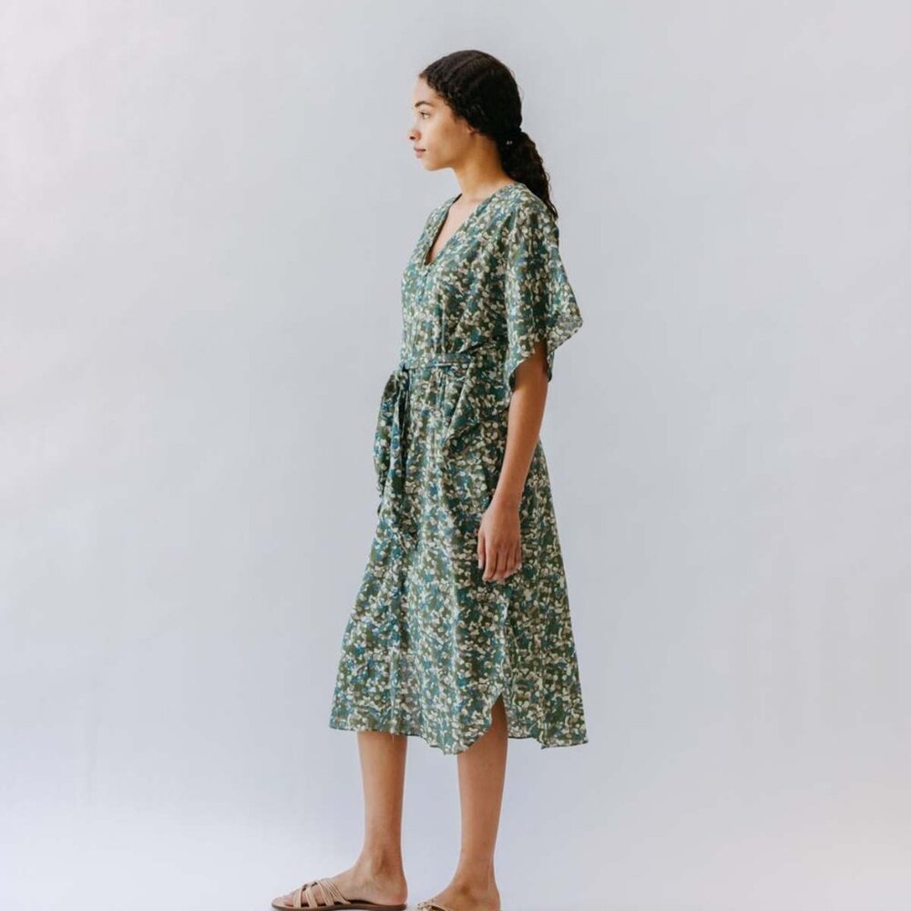 Mirth Bali Midi Dress Cotton Lagenlook Printed Women’s Size Large Missing Belt - Picture 3 of 14